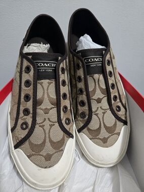 Coach KORRIN Khaki Brown Signature Monogram Slip-On Sneakers